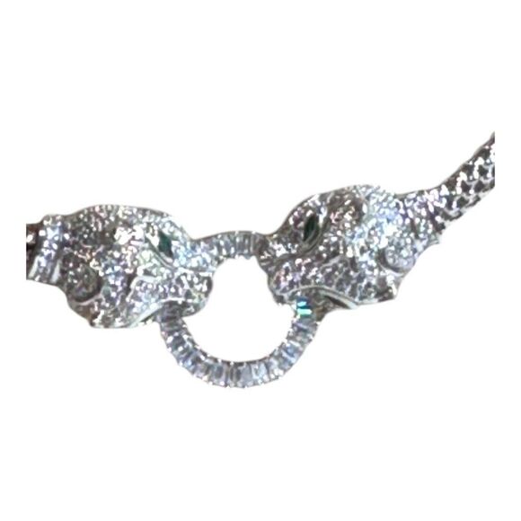 Sterling Silver Panther Cougar Head Necklace Pave Rhinestone Emerald Green Eyes - Picture 2 of 8